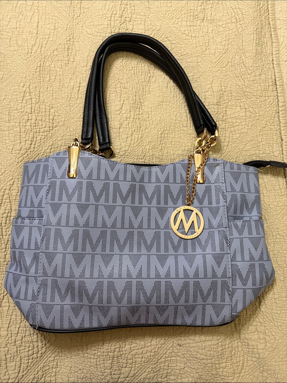 Blue Monogram Tote with Black Handles and Gold Charm